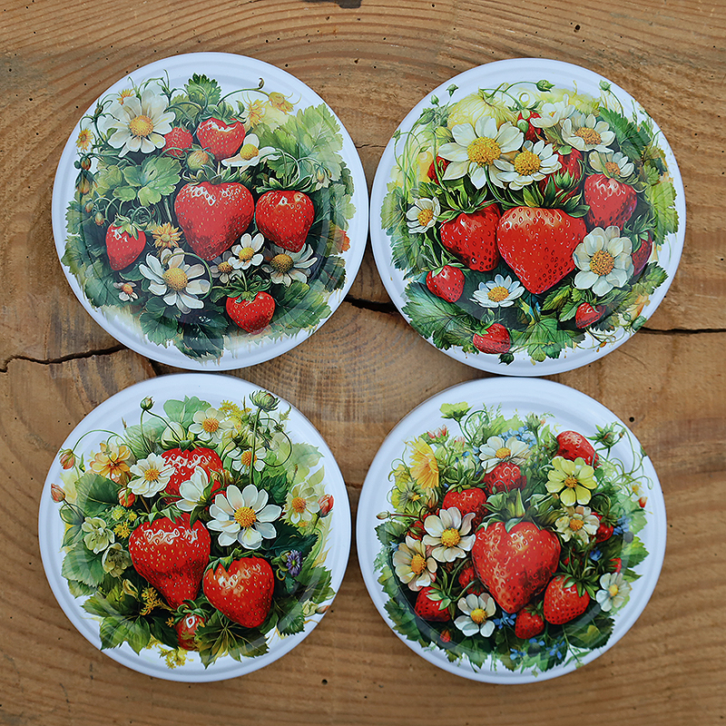 Zakrętki na słoiki, domowe przetwory, wzór Ogrodowe Opowieści