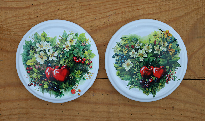 Zakrętki na słoiki, domowe przetwory, wzór Ogrodowe Opowieści